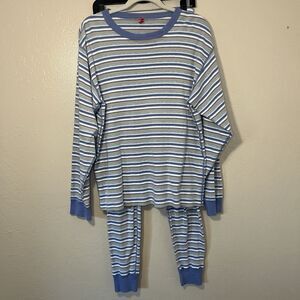 Hanna Andersson 100% Cotton Women Sz Med Long-John Pajama Set Blue Grey Stripes